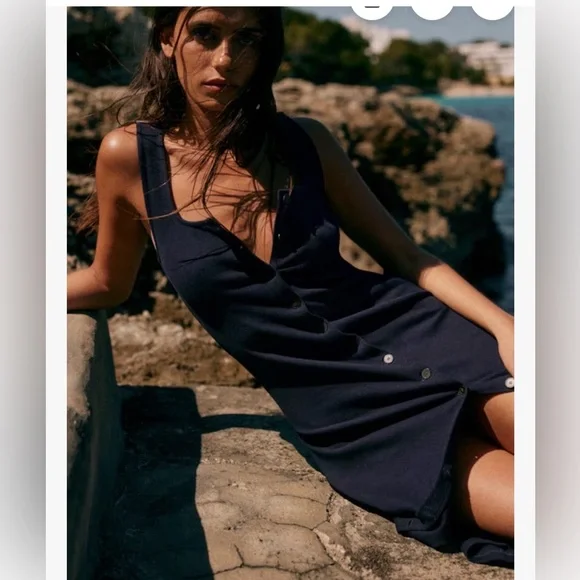 Sezane Size XL Black Fabiola Sleeveless Cotton Ribbed Button Front Midi Dress - Picture 10 of 13